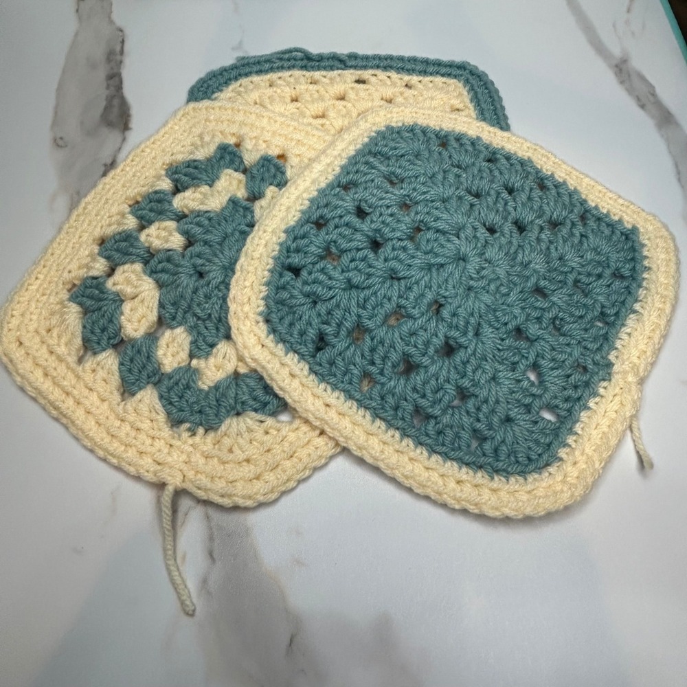 Handmade Crochet Granny Squares Set Teal Cream Blue Knit DIY Craft Pieces 3pc